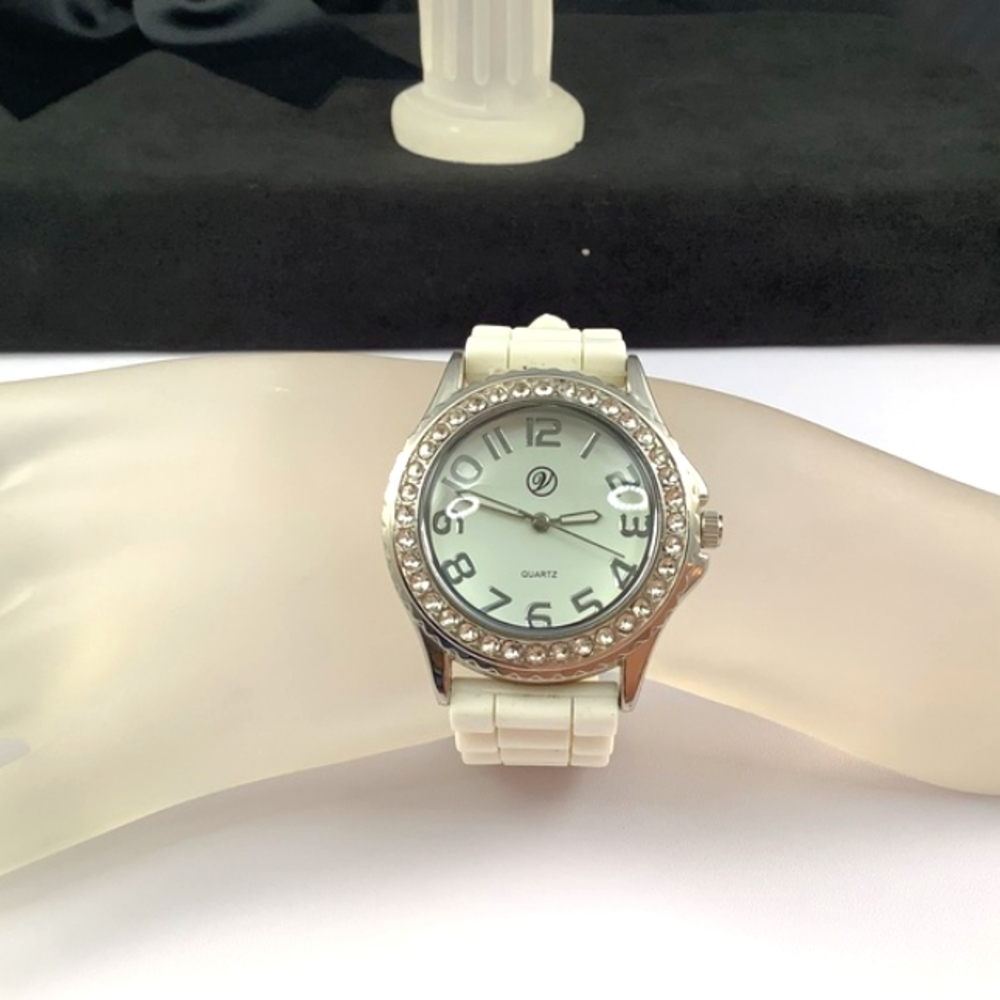 Accutime White Rhinestone Silicone Quartz Watch